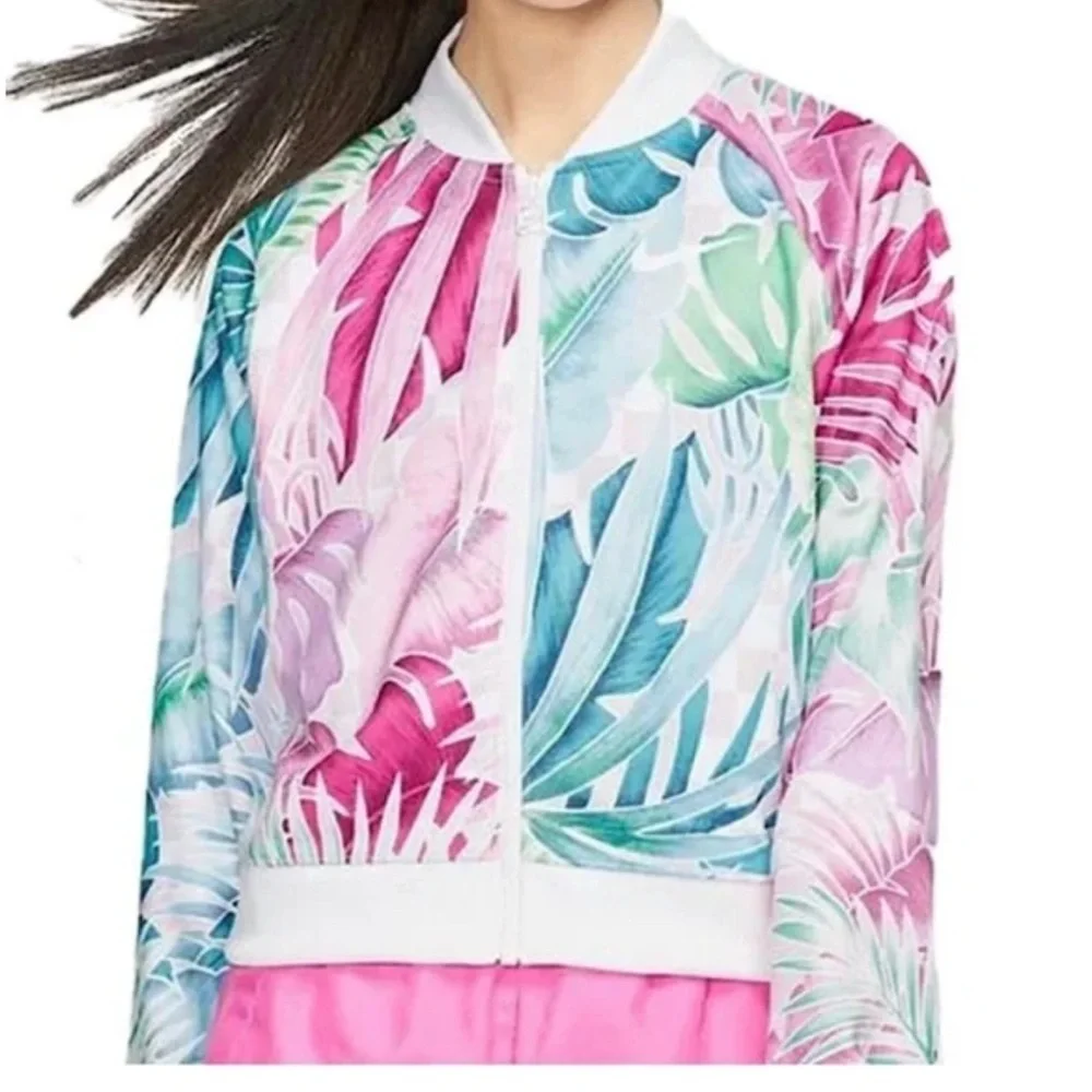 Nike Women’s Crop Track Jacket Botanical Leaves White Pink Blue L
